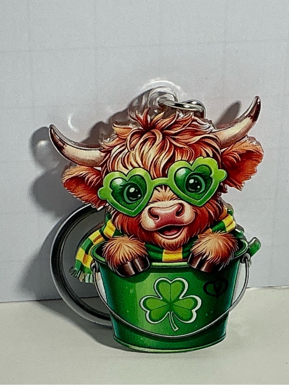 Cute Highland Cow Keychain with Green Clover Bucket